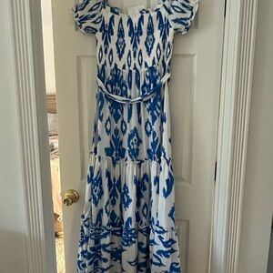 Dress, maxi, blue and white.  Size large